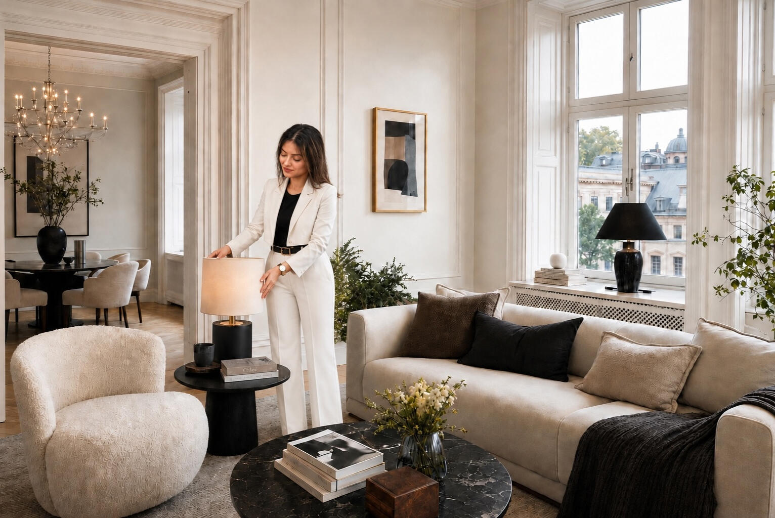 Interior designer completing the final styling of an elegant Stockholm living room by adjusting a table lamp within a refined neutral interior.