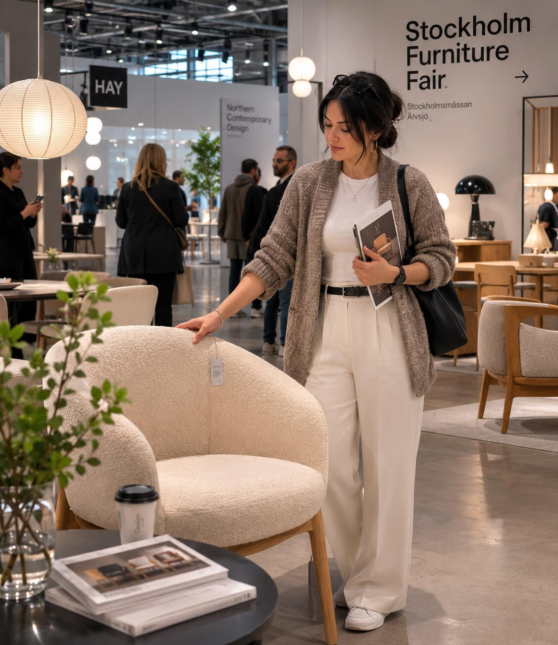Interior designer exploring furniture, finishes, and contemporary design trends at the Stockholm Furniture Fair while examining an upholstered lounge chair.