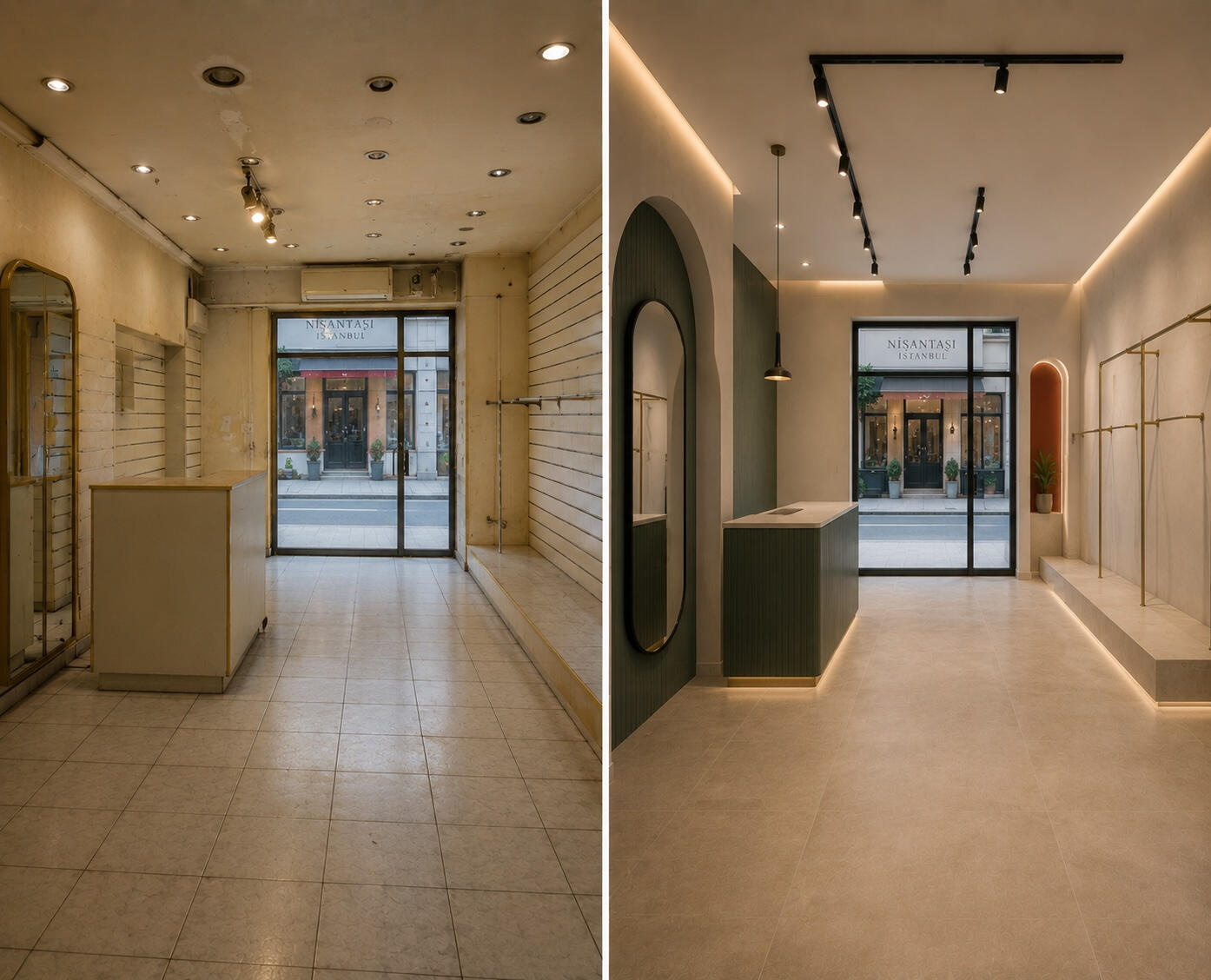 Side-by-side view of a boutique interior in Nişantaşı, Istanbul, showing a dated, worn retail space transformed into an unfurnished contemporary boutique with refined lighting, dark green and terracotta accents, modern display rails, and a redesigned recep