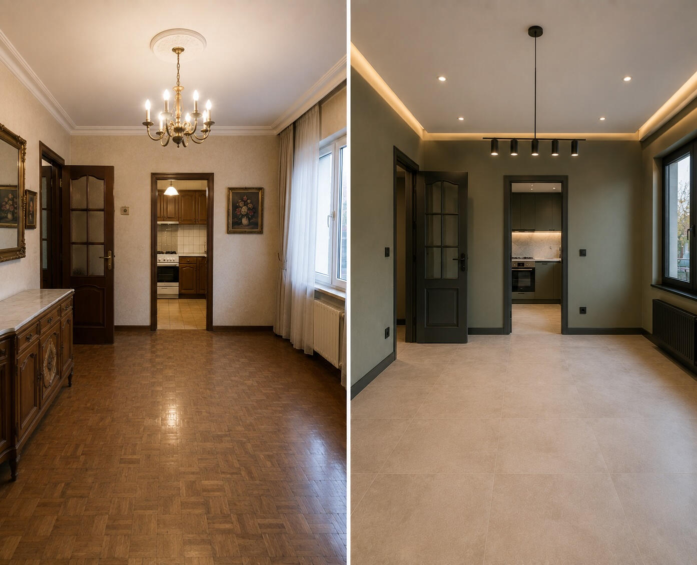 Side-by-side view of the same Istanbul dining room before and after renovation, showing a dated beige interior with dark wood details, parquet flooring, and traditional lighting transformed into an unfurnished contemporary space with muted green walls, upd