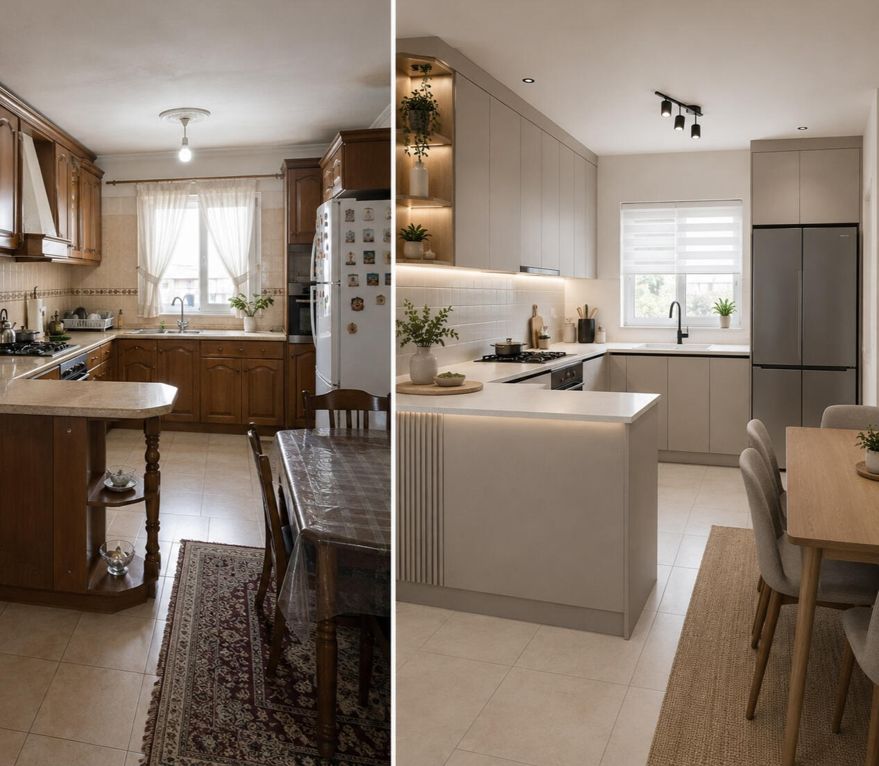 Side-by-side view of the same Kitchen before and after renovation, showing an outdated beige space with old window frames and finishes transformed into a clean, unfurnished contemporary terrace with light and dark grey walls, black-framed glazing,