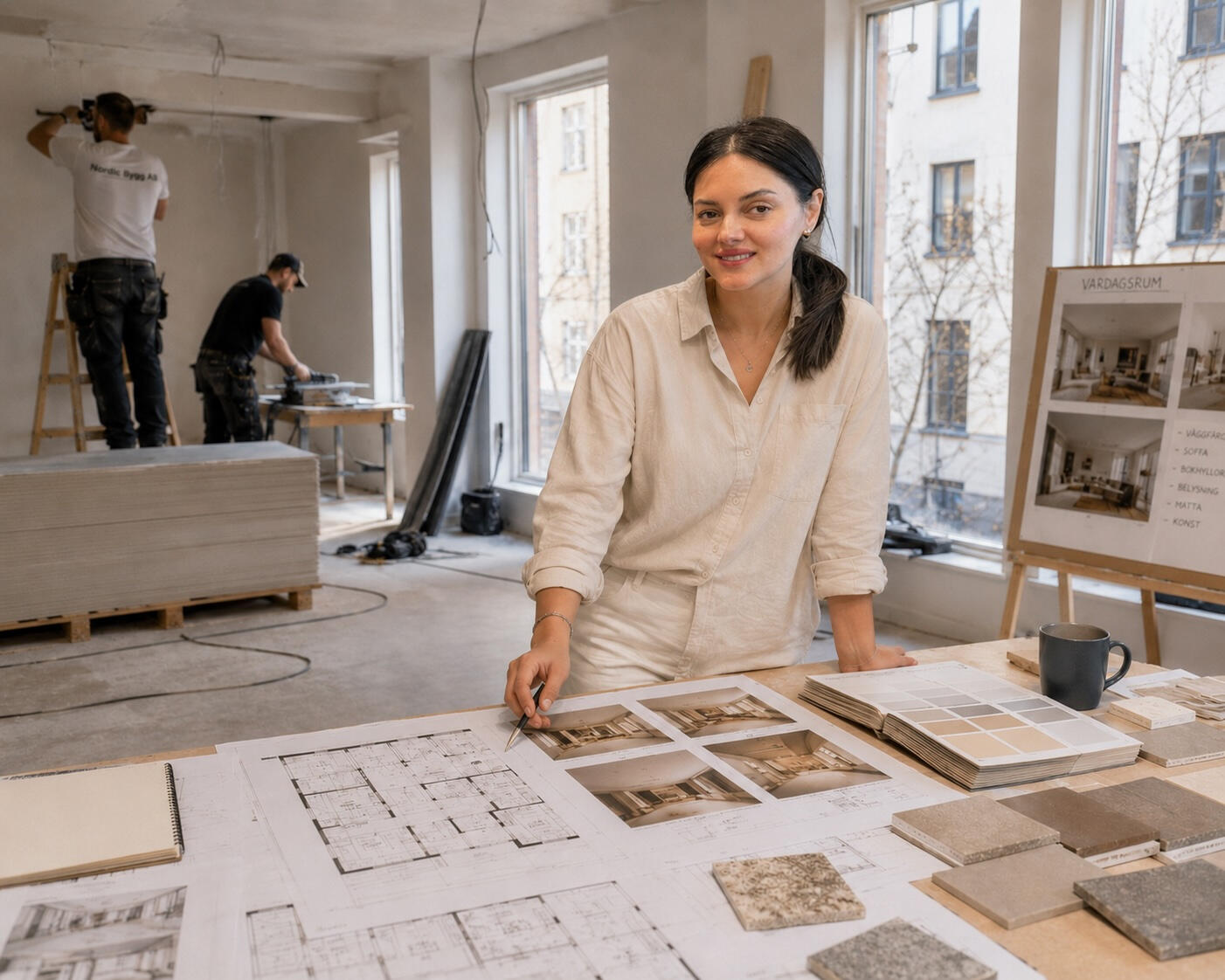 Interior designer reviewing architectural plans, material samples, and visual references during the renovation of a bright Stockholm apartment while contractors work in the background.